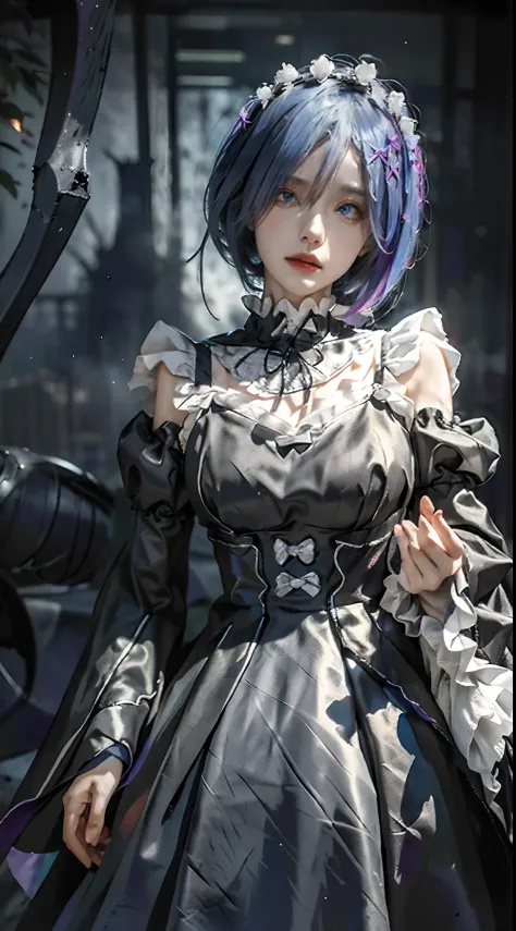 (a beautiful young female cosplayer,cosplaying Rem from the anime Re:Zero,realistic),(full body,close shot),black and white maid costume,blue short hair,(best quality,photo-realistic:1.37),(highres,masterpiece:1.2),(ultra-detailed),(realistic,photorealisti...