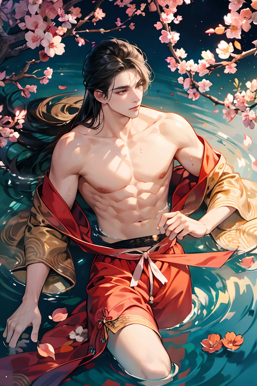 1 boy, Young male, Detailed eyes and faces, Perfect male body, face to camera, (long hair, half body in water, Topless, bathe in hot spring, wet hair and body),portrait, Chinese clothing, China Landscape, Outdoor, peach blossoms, pine trees, clothes floating in water, color difference, Depth of field, dramatic shadow, Ray tracing, Best quality, Cinematic lighting, Extremely detailed CG, 8k wallpaper,