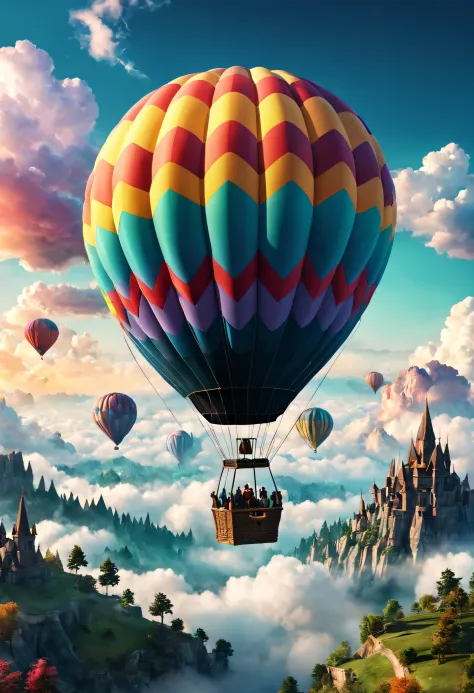 A strange hot air balloon,Colorful,In the clouds,beautiful sky,Surreal,Epic dreams,a fairy world,illustration,High quality,3D rendering of,Ultra-detailed,Photorealistic,Vibrant colors,Stunning lighting