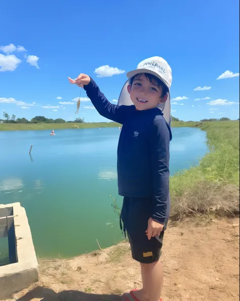 Child in black hat and shirt by a lake, vestindo um pescador 🧥, holding an fish in his hand, divertindo-se, standing in a pond, meu filho! the jaws that bite, standing next to water, foto de perfil, pose divertida, Mateus Guilherme, Directed by: Juliette W...