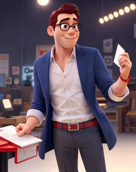 Make the full body appearing white red shoes. Man stands on black background on a speaker-like stage with microphone in one hand and book in the other in Disney pixar style best quality, maior qualidade.
