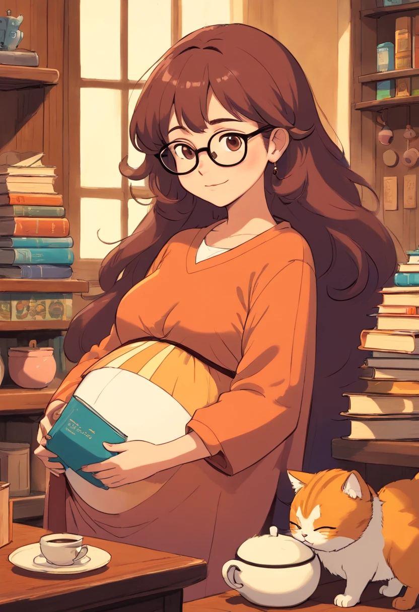 Anime girl with glasses holding a book and a cat - SeaArt AI