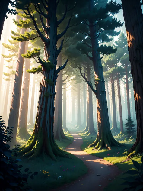 pixel art, forest, intricate, colorful, high contrast colors, very detailed, high quality, made by Aase Berg, panoramic shot, cinematographic illumination