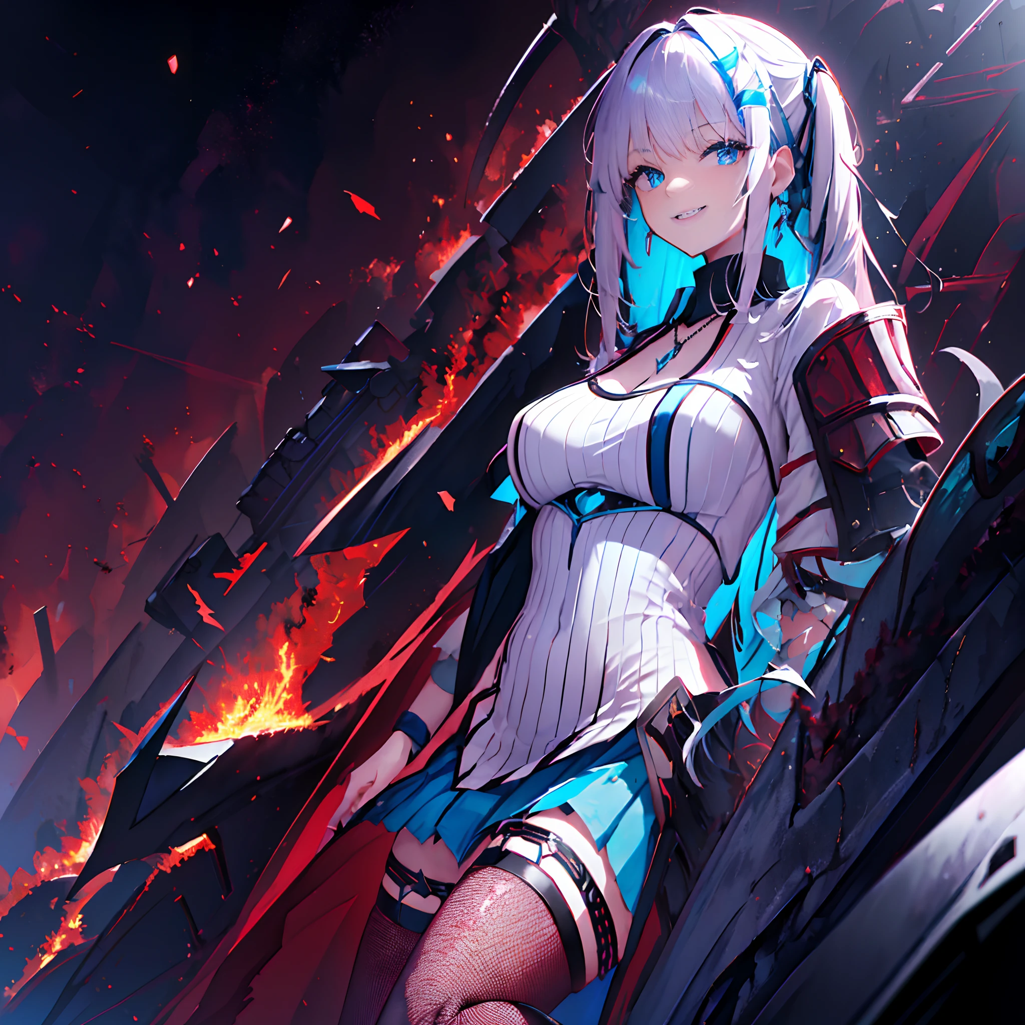 1 girl, solo, Lize_Helesta, wearing light assault armour, aberrant colours, ((wearing black leg fishnets)), medium breasts, V-neck, cross-like necklace, silver hair with black tips, very long hair, black hairbow, sidebangs, hair between eyes, sparkling turquoise eyes, standing, grinning, evil aura, otherworldly battle in background, shades of red as background, (flying_ashes:1.4), cool pose, flames in the sky, (dim lighting:1.5)