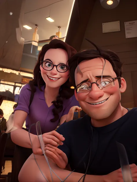 Disney Style Couple With Glasses Smiling In Restaurant.