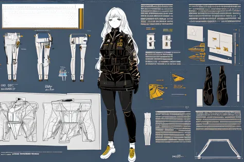 masterpiece, best quality, 1girl, highres, absurdres, full body,(ultra-detailed:1.1025), (illustration:1.1025), (infographic:1.1025), patent drawings, physical measurement, (all clothes configuration:1.1025), stationery, (solo:1.1025), standing, cohesive b...