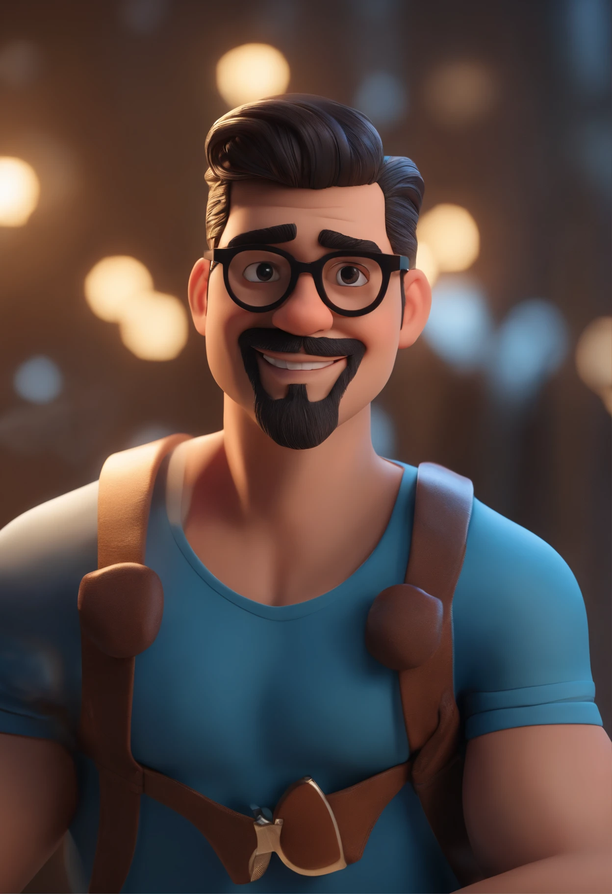 Cartoon character of a man wearing black glasses and a blue shirt, um personagem animado, Caractere estilizado, animation style rendering, 3D estilizado, Arnold Maya render, 3 d render stylized, toon render keyshot, Personagem 3D, Personagem 3D, 3d rendering stylized, 3 d character render, personagem de desenho animado, Personagem de close up, Pose de personagem, (Estilo Pixar) (master part:1.2) (Bokeh) (best quality) (pele detalhada) (textura detalhada) (8k) (argila) (Cinematic lighting) (foco nítido，Senta e vaza a parte superior do corpo