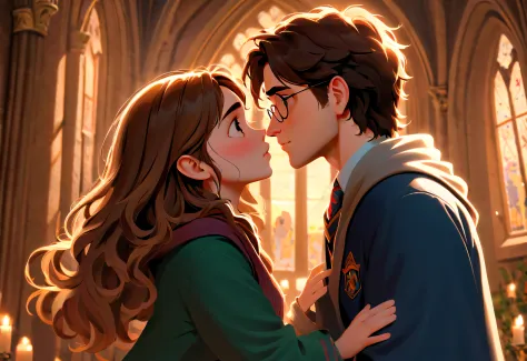 pixar:2，(best quality,4k,8k,highres,masterpiece:1.2), ultra-detailed, realistic:1.37, hermione and harry potter fall in love in ...