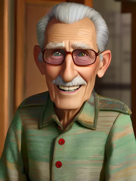 Pixarstyle A waist-high portrait of an elderly man with social clothes, smile, natural skin texture, 4K textures, HDR, intricate, highly detailed, sharp focus, cinematic look, hyper-detailed
