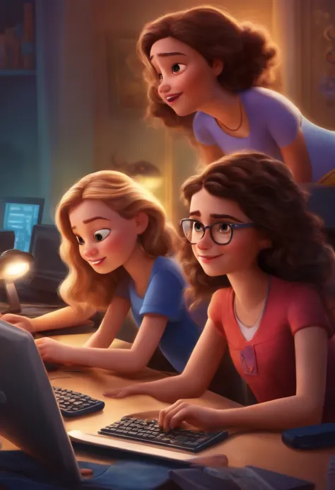 Movie cover of three girls and a boy working on their computers very happy, no estilo Disney Pixar
