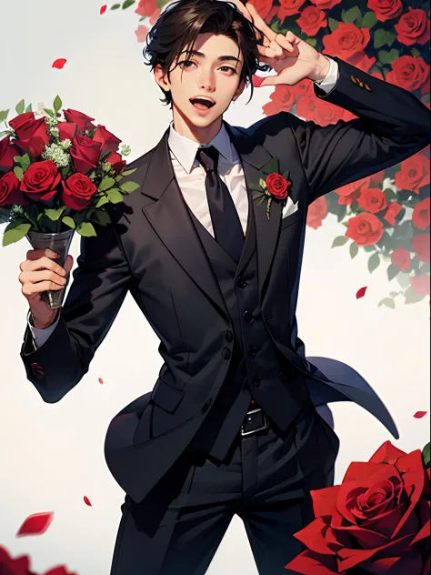 mastrepiece, 1 man, roses, happy, suit, flowers