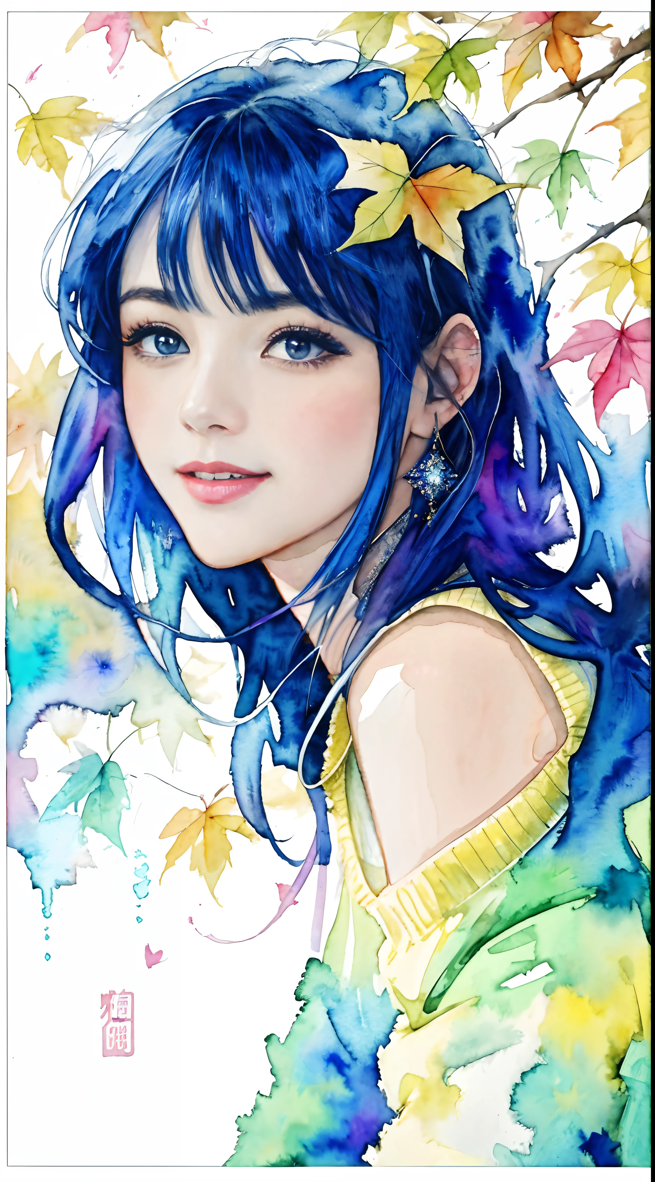 (8K、top-quality、​masterpiece:1.2)、(top-quality:1.0)、(超A high resolution:1.0)、watercolor paiting、Beautiful 30 year old woman、A slight smil,Shoulder、Hair that flutters in the wind,Hair Ribbon、Oversized long-sleeved sweater,Half Body Portrait、Very bright design、PastelColors、(inky:1.3)、autumn lights,watercolor paiting