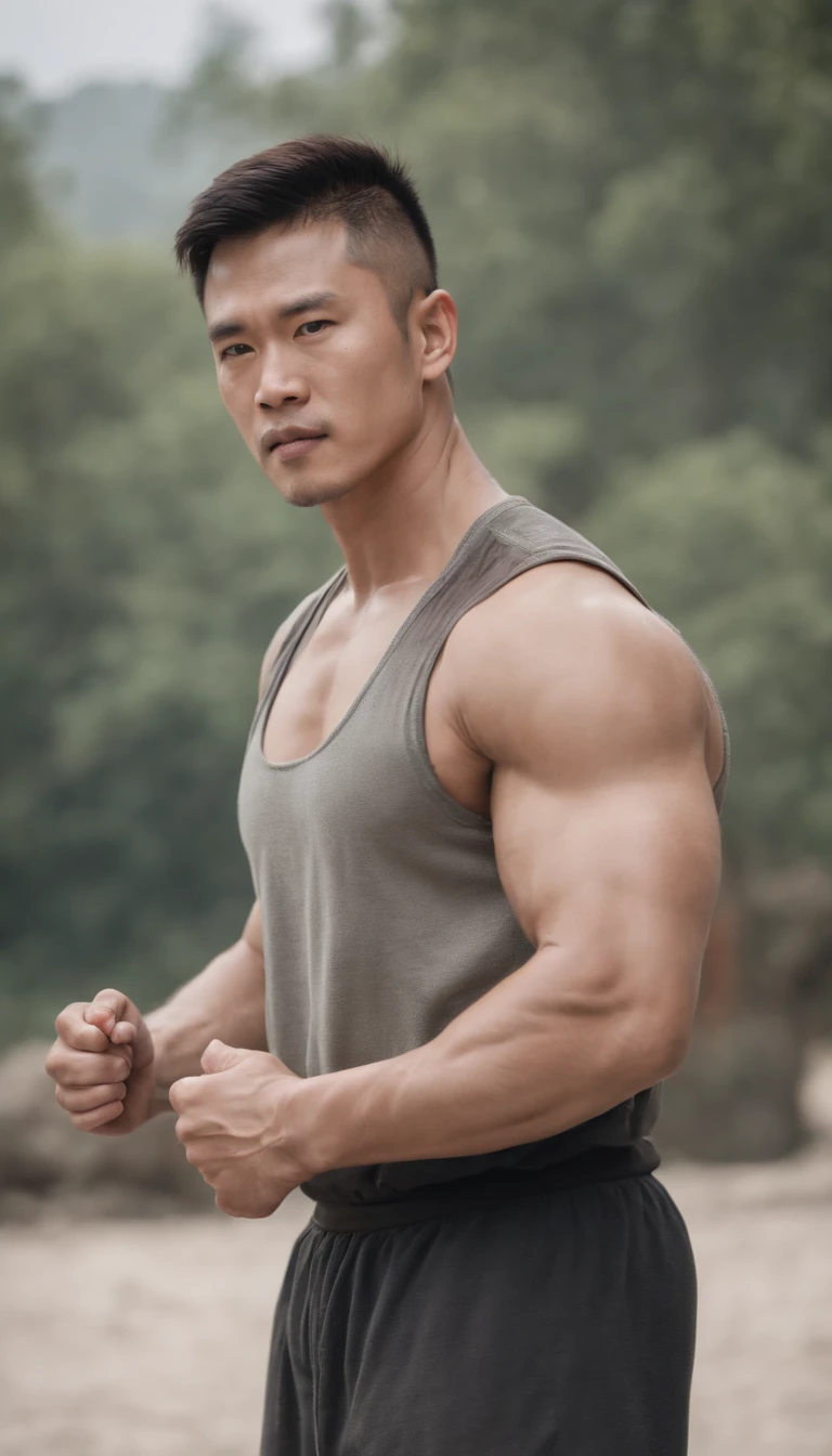 Asia man gymer wearing full vest , big muscle, height 190 cm, big shoulder, big muscle foot, (draww eye detail), (realestic)