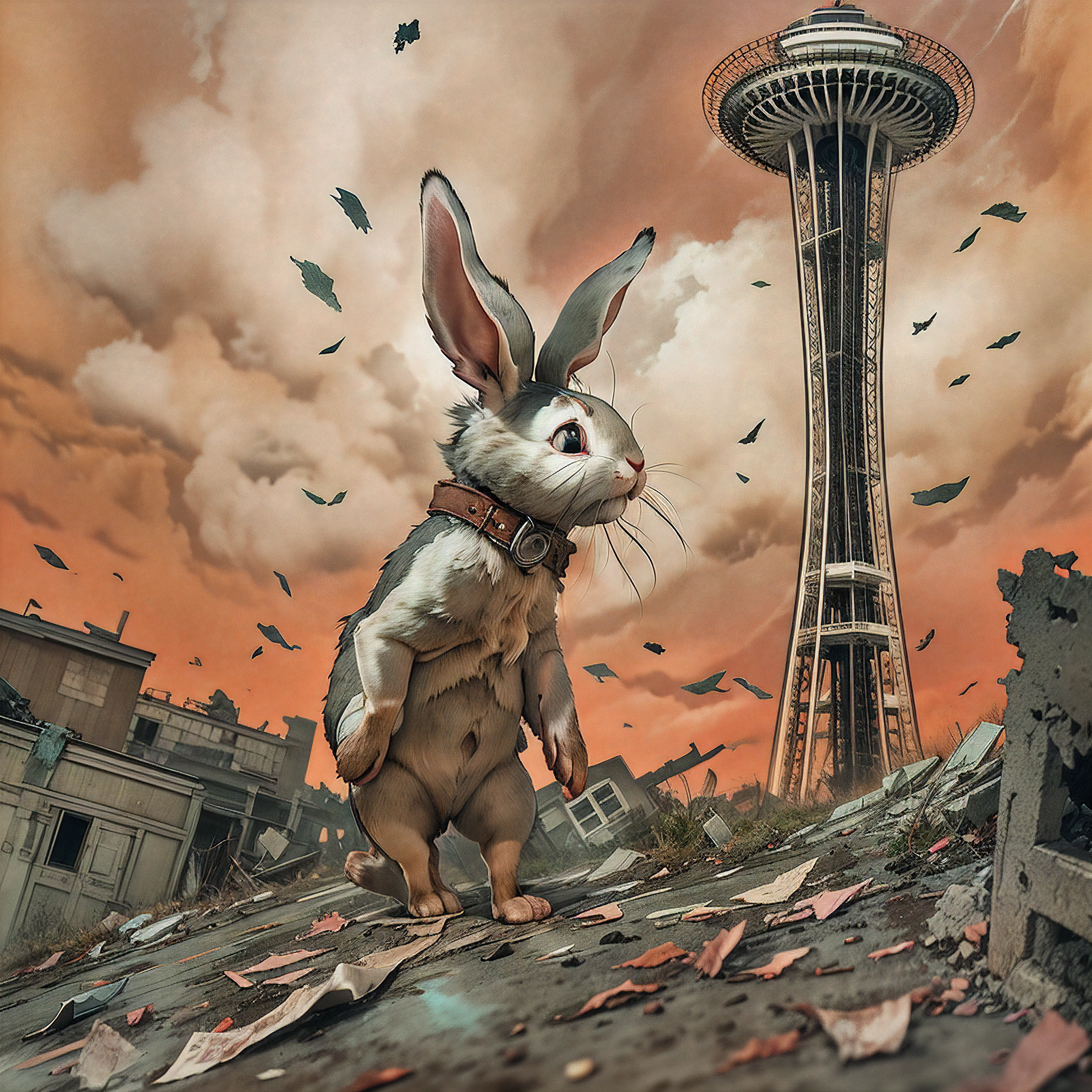 Against a dark red sky filled with black clouds, a tattered stuffed rabbit with one button eye missing floats over the crumbling remains of the Space Needle in Seattle. The rabbit's head lolls open loosely in a silent scream as its limp arm drags through the air.

"Nooo..." the rabbit moans weakly, leaving a trail of wavering motion lines behind it as it drifts through the sky. The once towering Space Needle now stands broken below, bent and corroded from years of neglect.

In the next panel, the ragged rabbit is in freefall, its head still open in a soundless shriek. Frayed motion lines surround its body as it plunges down the side of the structure. The rabbit's remaining button eye is wide with resignation.

The final panel shows the stuffed rabbit hitting the cracked asphalt with a quiet thud at the feet of a man in tattered clothes and a gas mask. The man barely glances down as the toy hits the ground. In the distance, the ruins of Seattle smolder under the ominous sky. The only sound is the  wind.