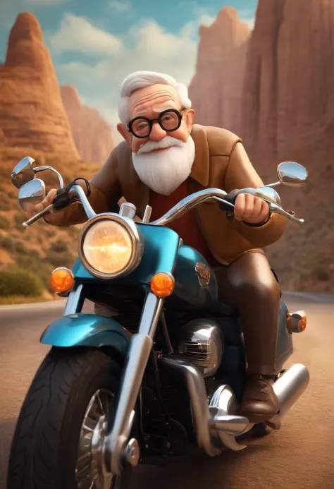a 3D Disney Pixar poster of an elderly man with glasses, pilotando uma Harley Davidson 883 em uma viagem de moto. (altamente detalhado:1.2), Realistic depiction of a senior man with glasses, entusiasta do motociclismo, with great attention to facial expres...