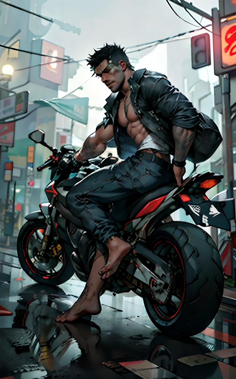 A Man, Age 20, Shirtless and barefoot, Wearing ripped jeans pants, (Riding a motorcycle:1.2) At high speed, under the rain, The streets of the bustling Cyber City, Inspired by Blade Runner, (good proportion)