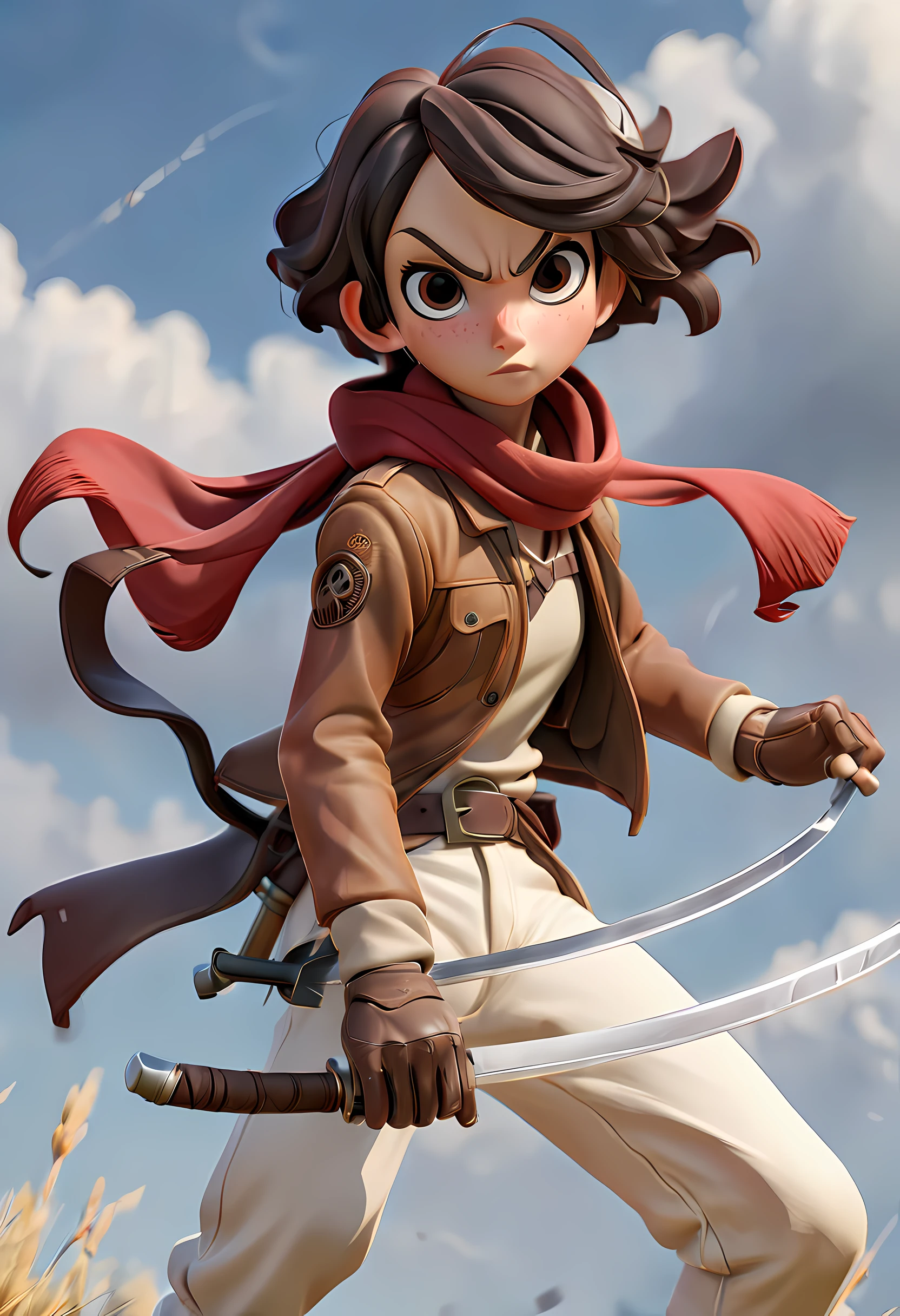 Pixar style:2,masterpiece, best quality, highres, hmmikasa, Mikasa Ackerman (Shingeki no kyojin),short hair, black eyes, scarf, emblem, belt, thigh strap, red scarf, white pants, brown jacket, long sleeves, holding weapon, sword, dual wielding, three-dimensional maneuver gear, fighting stance, sky,