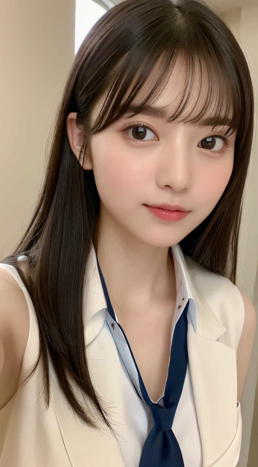 ((top-quality、8K、​masterpiece:1.5))、One girl、(Unhealthy face)、(Letter to)、Blunt bangs、(Lots of bangs:1.4)、(full body Esbian:1.4)、(Symmetrical face)、hyperdetailed face、Ultra detailed mouth、A detailed eye、Detailed ears、Slim Faces、(selfee:1.4)、(off shoulders)、(Armpit)、(Looking Up)、(From  above)、(Straight long hair、Ahoge:1.3)、(Upper Eyes)、the background is blurred、(formal suit、neck tie:1.3)、lipgloss、(hotel entrance)、(natural soft light:1.3)、