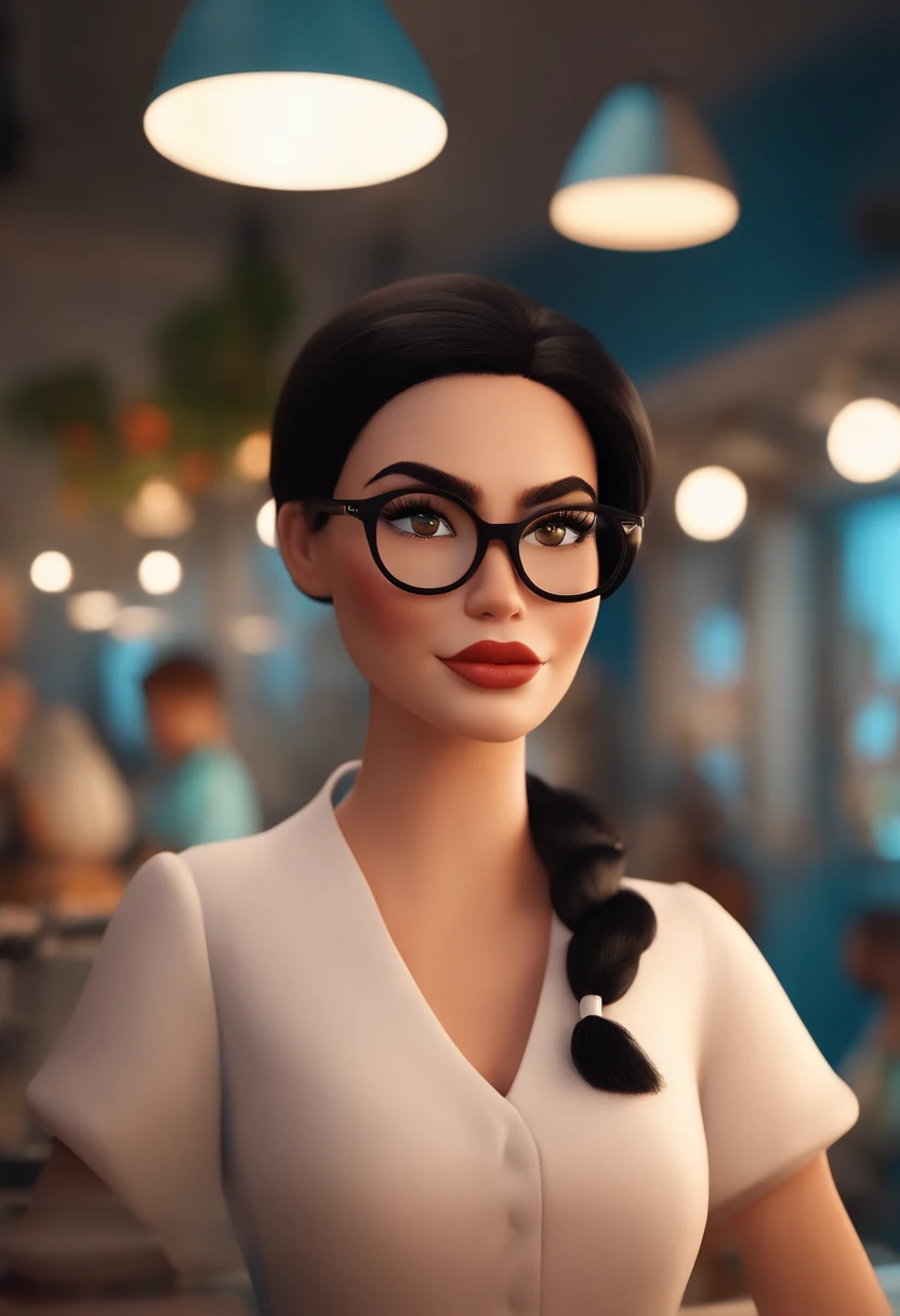 Image de style Pixar avec personnage 3D lunettes blanches femme cheveux noirs raides blancs dans un salon de beauté maquillage Disney,Pêcheur, Mignon, souriant ,fermer, Pixar, Disney, Éclairage de cinéma,