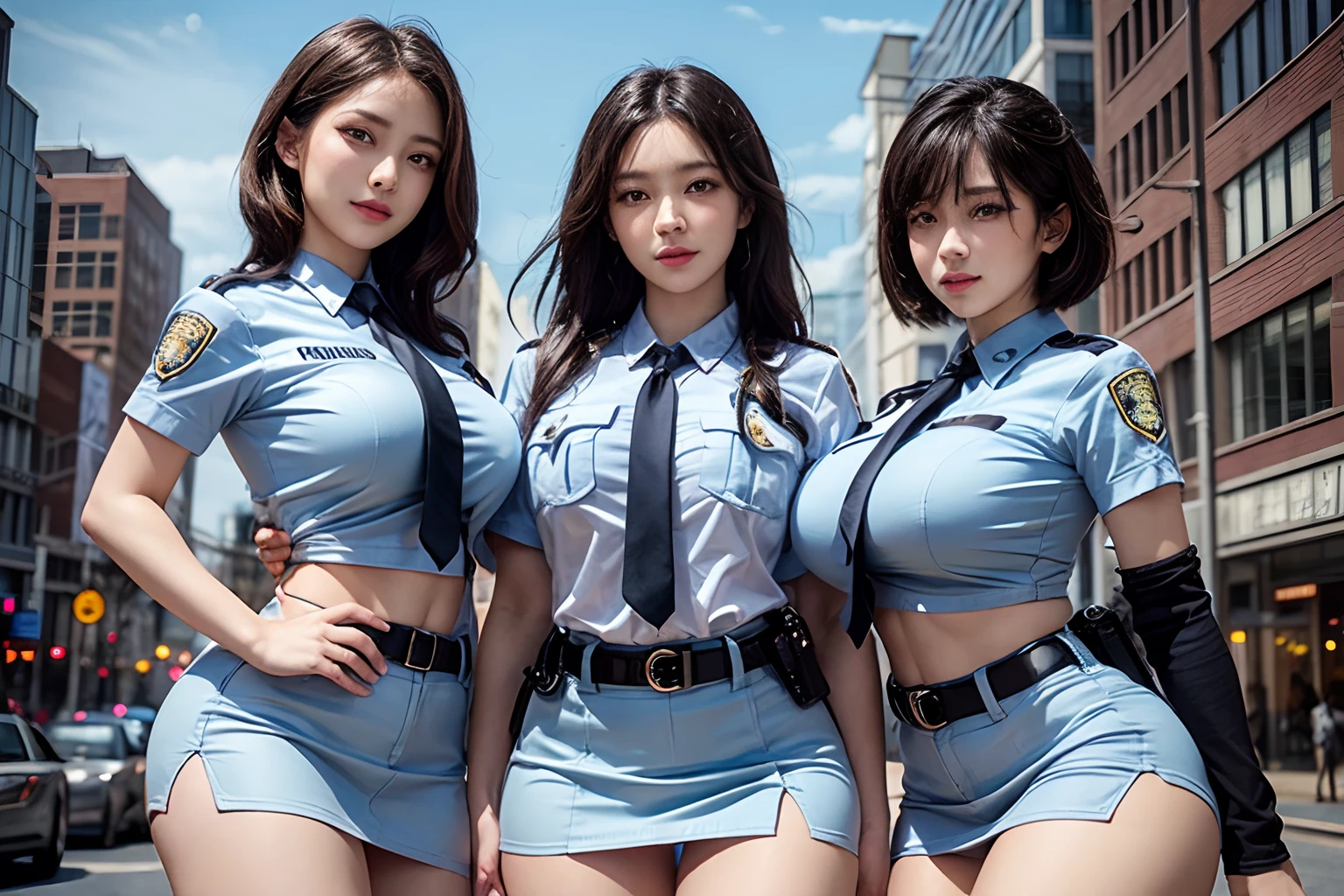 (1 Policewoman),Three Female Police Officers, Ultimate Beautiful Mature, hyperdetailed face, Detailed eyes, Double eyelids, Detail lips, Short brunette hair, (Light blue fancy blouse), (Black tight mini skirt), (Big breasts), lightsmile, thighs thighs thighs thighs, (Cowboy Shot), depth of fields, Perfect litthing, (Photorealsitic:1.4), (ultra-detailliert), (top-quality), (Best Shadows), (​masterpiece), Ultra High Resolution, Background with: (tokio city)