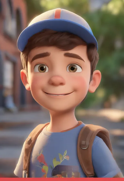 pixarstyle a waist-length portrait of a little boy, smirk, cap, nature, natural skin texture, 4k textures, hdr, intricate, highly detailed, sharp focus, cinematic look, hyperdetailed