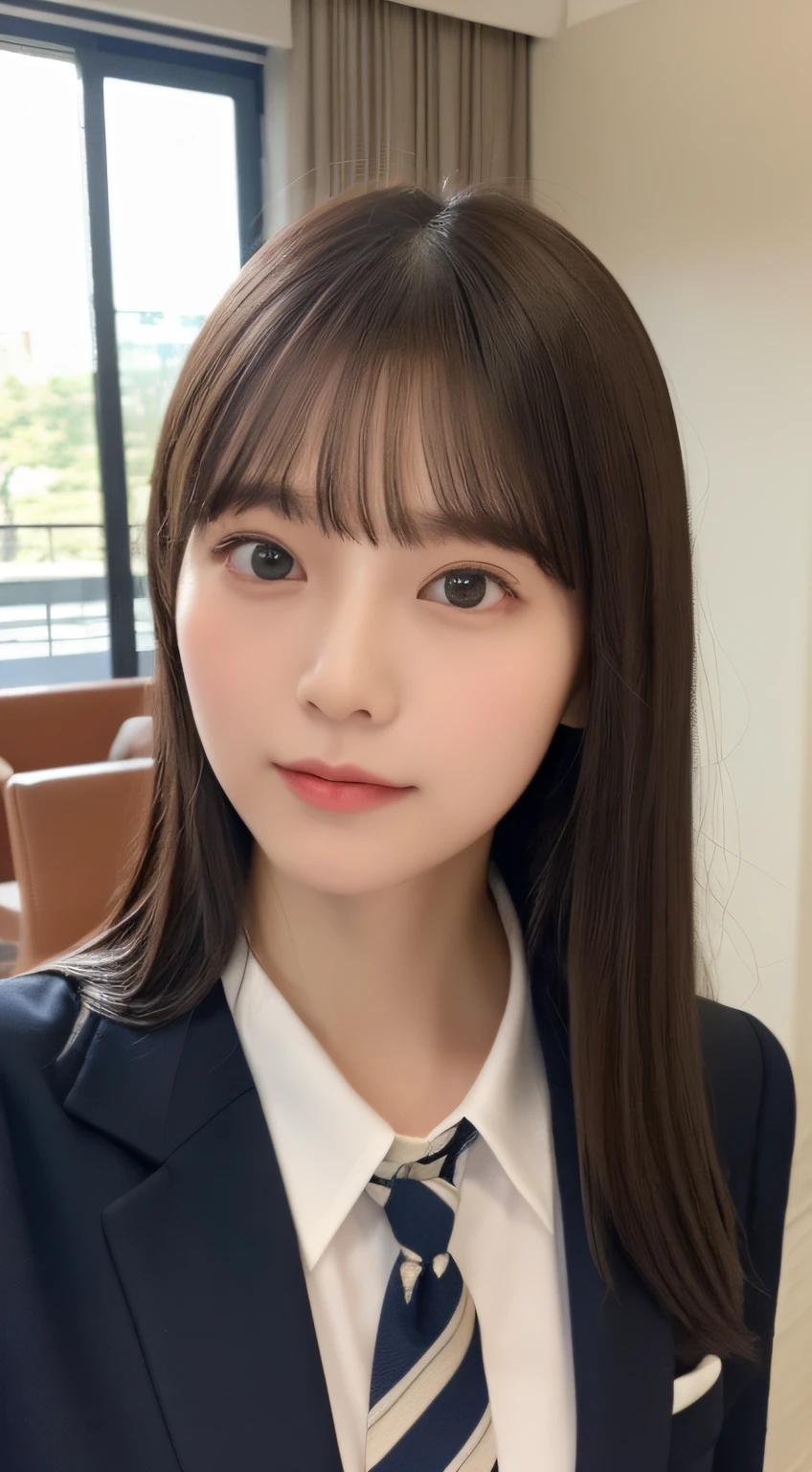 ((top-quality、8K、​masterpiece:1.5))、One girl、(Unhealthy face)、(Letter to)、Blunt bangs、(Lots of bangs:1.4)、(full body Esbian:1.4)、(Symmetrical face)、hyperdetailed face、Ultra detailed mouth、A detailed eye、Detailed ears、Slim Faces、(selfee:1.4)、(off shoulders)、(Armpit)、(Looking Up)、(From  above)、(Straight long hair、Ahoge:1.3)、(Upper Eyes)、the background is blurred、(formal suit、neck tie:1.3)、lipgloss、(hotel entrance)、(natural soft light:1.3)、