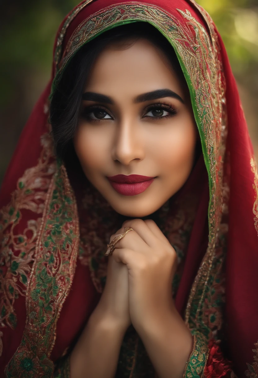 A woman in a red and green sari poses for a photo - SeaArt AI