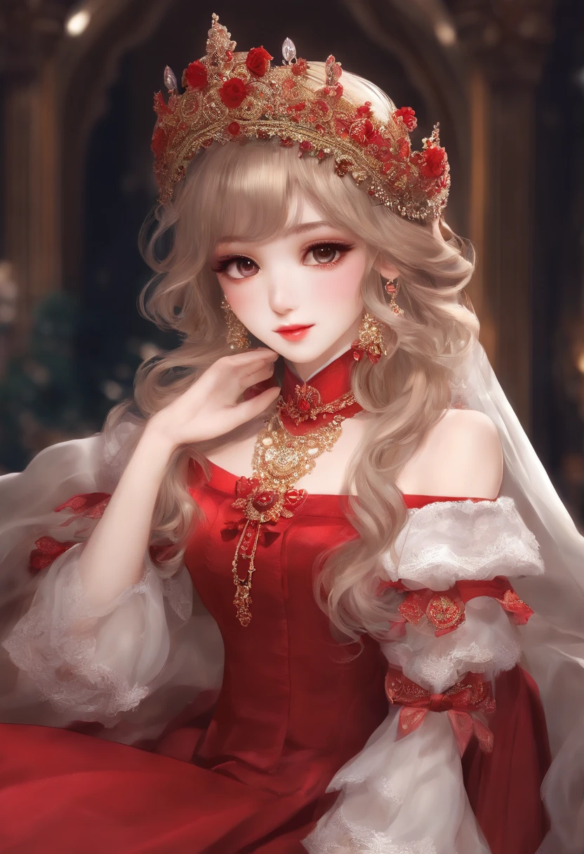 (master part),(best quality:1.0), (ultra highres:1.0), Detailed illustration, 8k, アニメ, 1girl,  アニメ bonita, wearing a red dress, flower crown, Face pretty, face detailed, Beautiful  eyes, detailedeyes, dark red eyes, glossy and red lips, Red lipstick, beautiful elegant hair, highlights in hair, estilo アニメ bangs, best quality, Vibrant