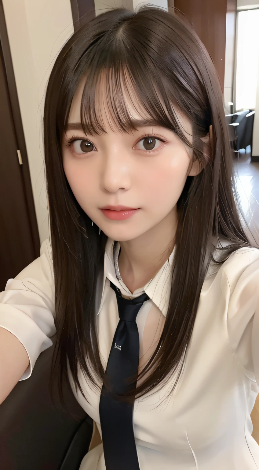 ((top-quality、8K、​masterpiece:1.5))、One girl、(Unhealthy face)、(Letter to)、Blunt bangs、(Lots of bangs:1.4)、(full body Esbian:1.4)、(Symmetrical face)、hyperdetailed face、Ultra detailed mouth、A detailed eye、Detailed ears、Slim Faces、(selfee:1.4)、(Looking Up)、(From  above)、(Straight long hair、Ahoge:1.3)、(Upper Eyes)、the background is blurred、(Business suits、neck tie:1.3)、lipgloss、(hotel entrance)、(natural soft light:1.3)、