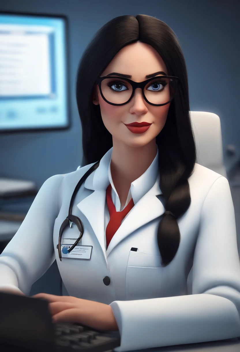 Pixar style image with 3D character white glasses white woman big black straight hair in white lab coat working in front of computer in office, Maquiagem Disney,Pescador, bonitinho, sorridente ,Close-up, Pixar, Disney, Cinema lighting,