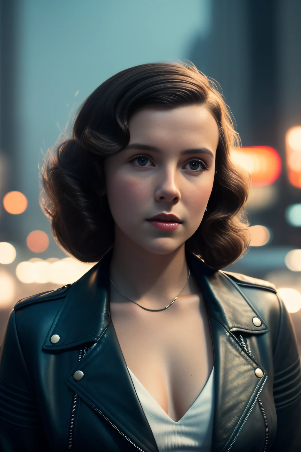 timeless style, analog style, retro style, 1950s style, masterpiece, (best quality:1.12), 8k, artstation, high details, sharp focus, high quality, ultrarealistic, raw photo portrait of beautiful sexy Millie Bobby Brown, leather jacket, (no bra:1.2), looking at viewer, (perfect face:1.2), (perfect eyes:1.2), (big breasts:1.2), (big ass:1.2), dark hair, (wind blow:1.2), (midnight:1.2), city light, walking in a city, [depth of field], volumetric light, cinematic lighting, medium shot, (face focus:1.2) fantasy