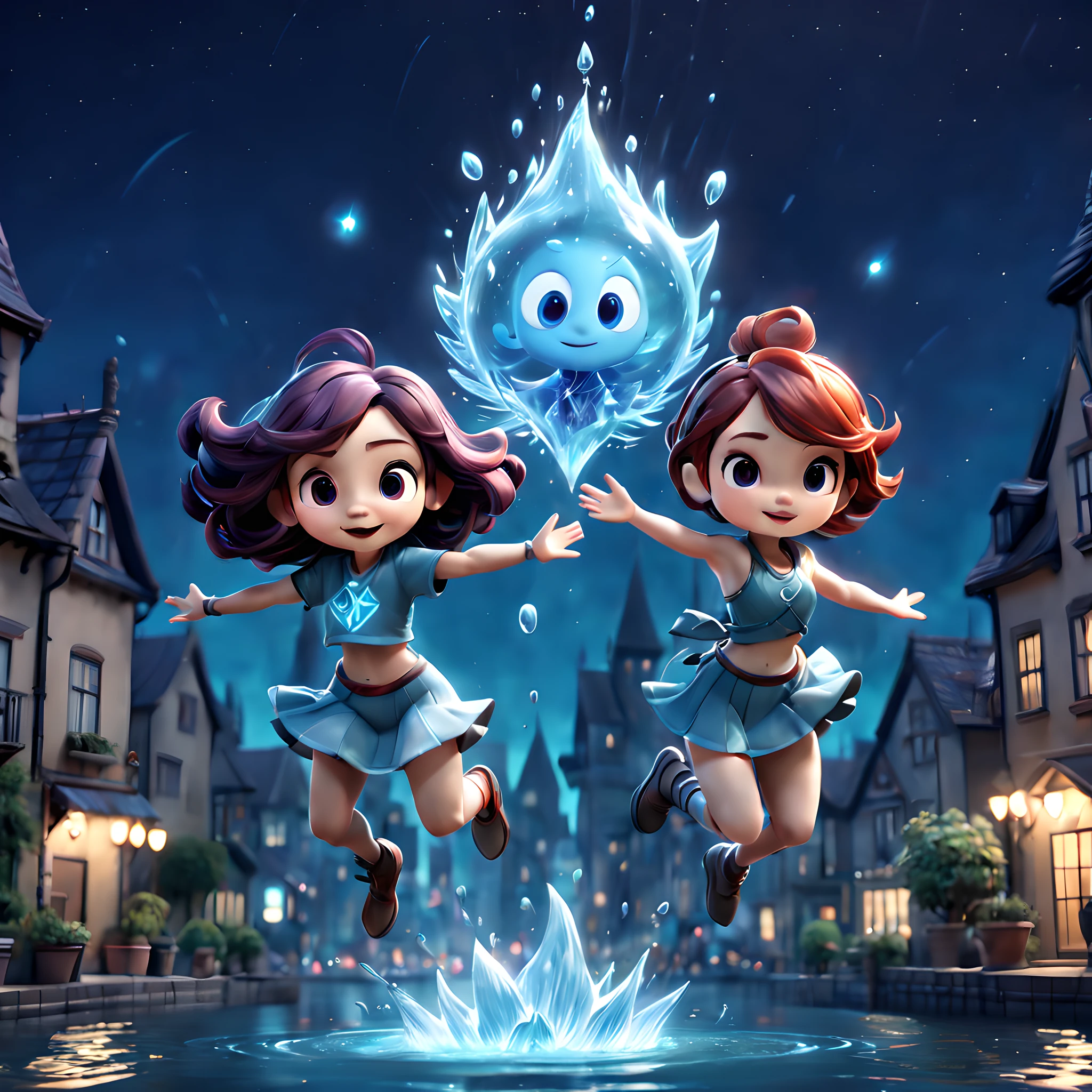 (Pixar style:1.5), (Pixar character:1.5), (chibi emote:1.5), (chibi character:1.5), (fantasy:1.5), (magical world:1.5), (spiritual world:1.5), (elemental character:1.5), (elemental future city:1.5), (night:1.5), (starry sky:1.15), (spread arms:1.3), (jumping:1.3), (water element man and solar element girl:1.3), (pixar animation:1.5),