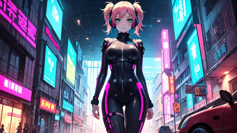 hd masterpiece, anime girl, 1girl ((20year old, dressed a tight futuristic sci-fi bodysuit, boots, medium breasts, multicolor pi...