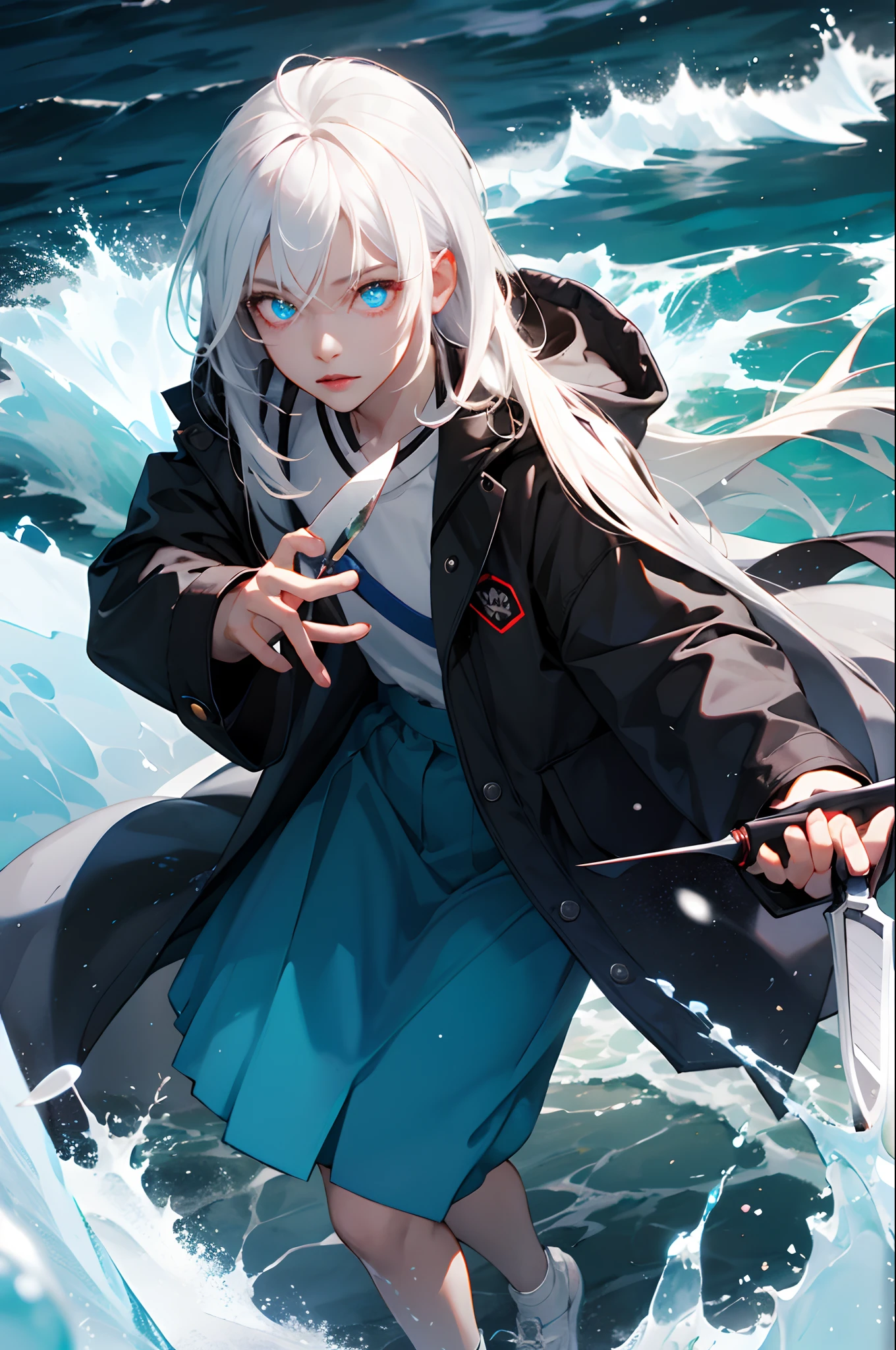 Anime girl in a black coat and blue skirt in the water - SeaArt AI