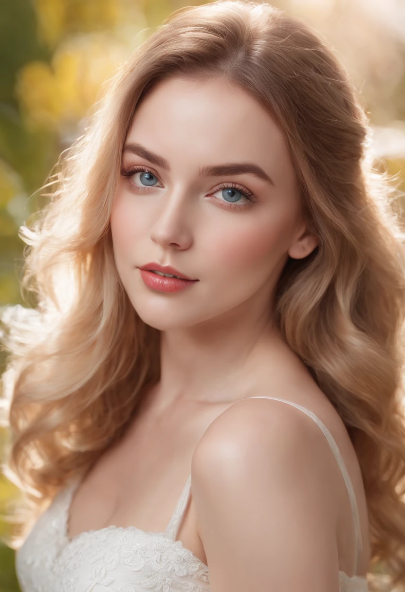 best quality,4k,8k,highres,masterpiece:1.2,ultra-detailed,(realistic,photorealistic,photo-realistic:1.37),(HDR,UHD,studio lighting),(extreme detail description,professional),vivid colors,bokeh,portrait,illustration,oil painting,blonde hair,blue eyes,detailed face and body,curly hair,beautiful detailed eyes,luscious lips,voluptuous figure,sensual facial expression,white dress,dynamic pose,outdoor scene with flowers,bright sunlight