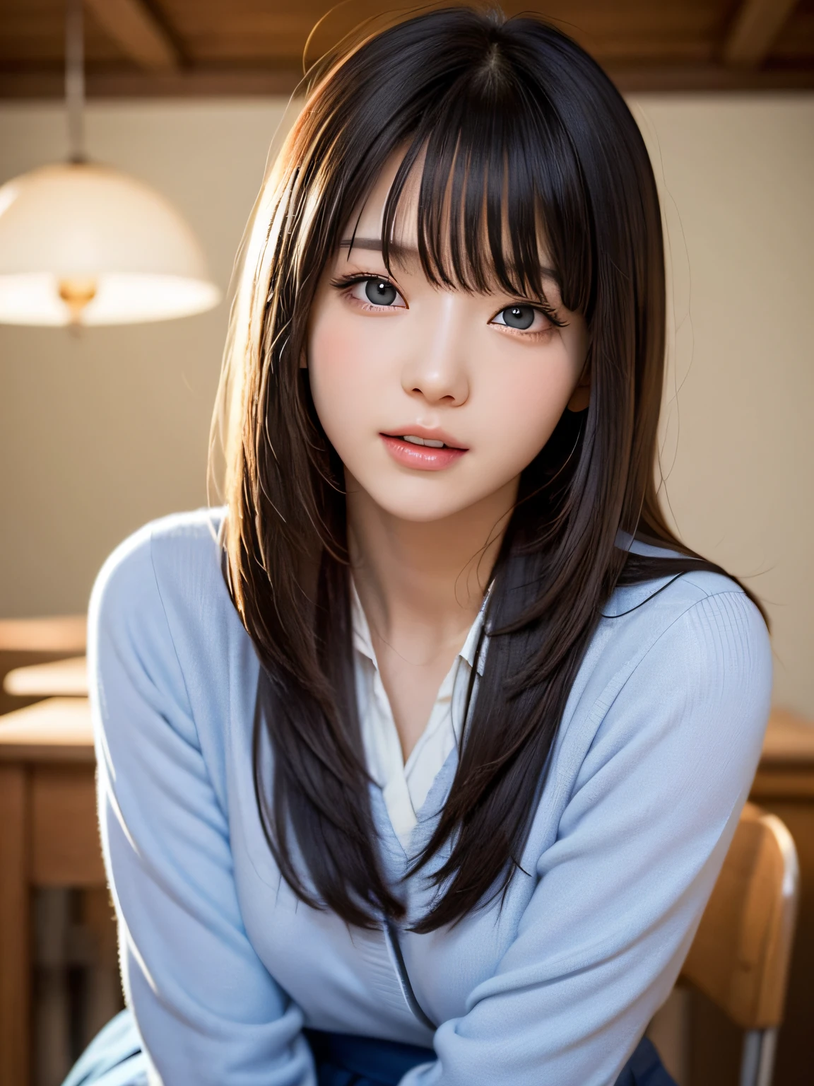 bright expression、photorealisim、top-quality、超A high resolution、a picture、Photos of the most beautiful Nordic girls、Detailed cute and beautiful face、a small face、(pureerosface_v1:0.008)、Beautiful bangs、alice in the wonderland、18year old、Glowing white shiny skin、Hair tangled in the face、Bangs that extend to the face、bangss、Hair between the eyes、Super long hair、Attractive brown silky hair、finer hair、Bright, Clear light blue eyes look attractive、School Winter Uniforms、winter uniform、jaket、eye liner、Double eyelids、ample breasts、Shot up to the thigh、Dynamic Pose、from waist up