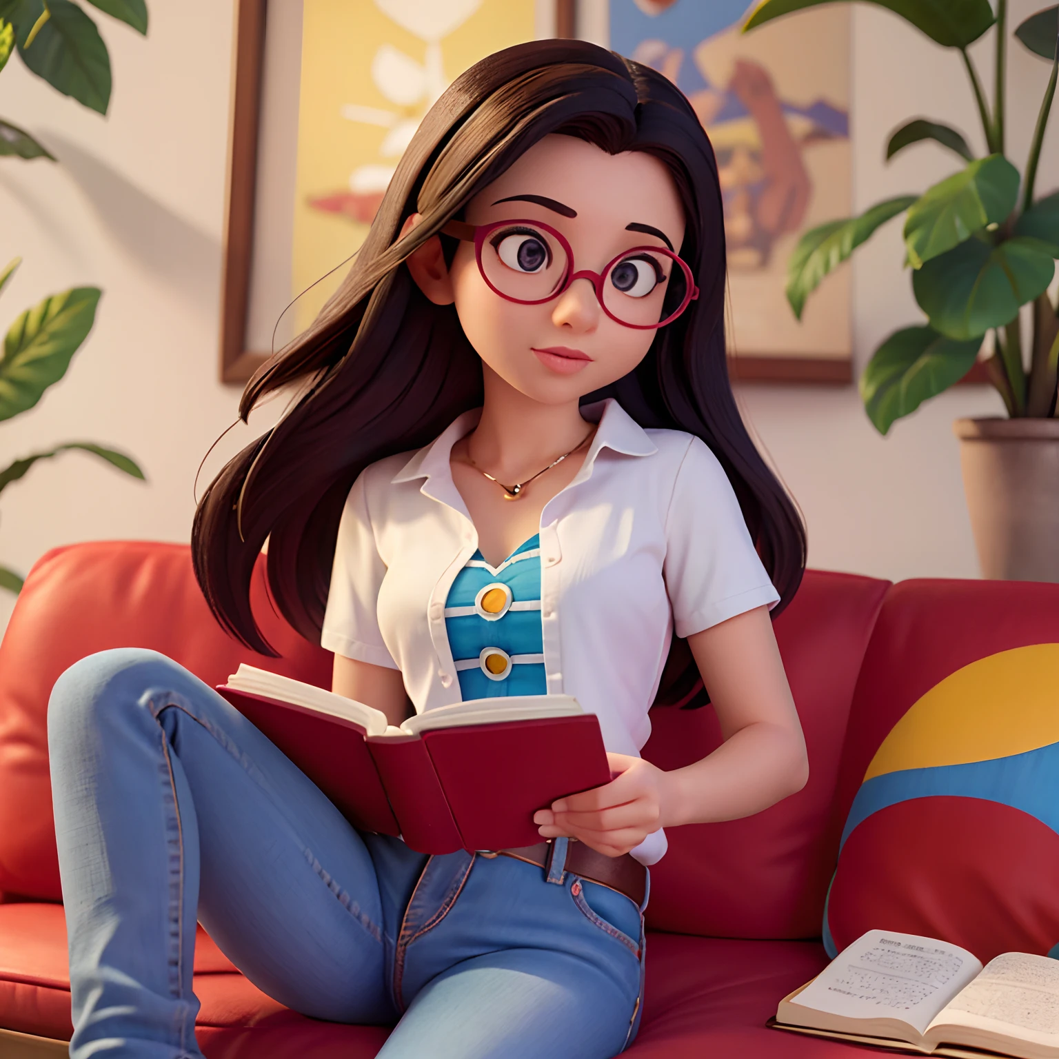 Mulher jovem de 36 anos, olhos pretos, Eyeglasses, Reading a book in a vibrant setting, realista, estilo Disney Pixar, gordinha, Wears a denim blouse and jeans,