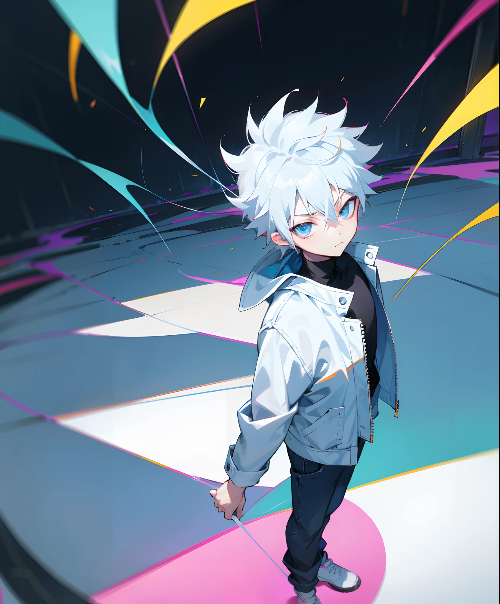 Anime - style photo of a boy in a blue jacket and black pants - SeaArt AI