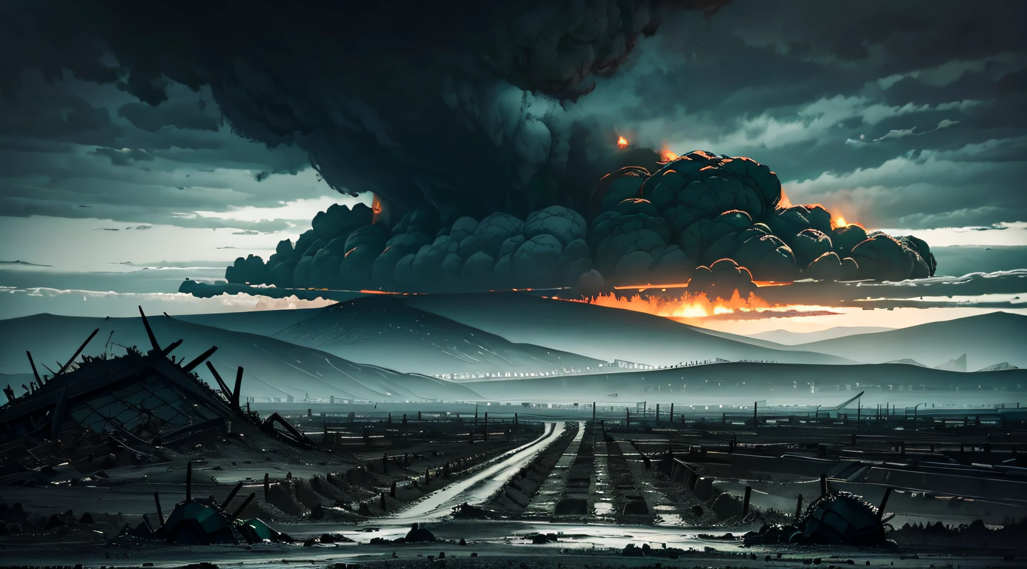 dark landscape, fearful landscape, abomination of desolation, black and gray wastelands filled with nuclear ash, overcast sky, lots of ash, ((empty wastelands)), (covered in ash), dark lighting, (toxic emerald dawn)