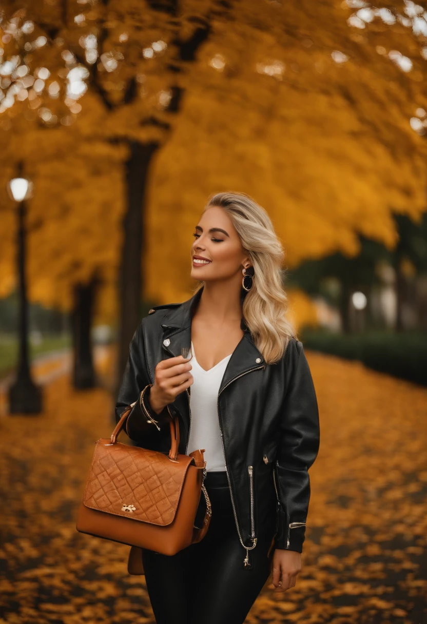 A woman in a black leather jacket and white top is walking down a path -  SeaArt AI