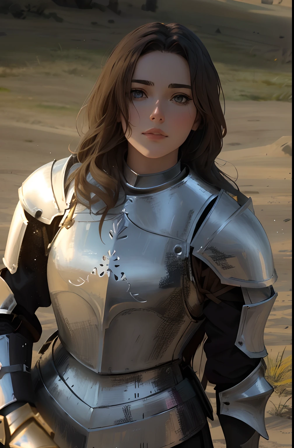 arafed woman in a full armor outfit with a knife in her hand, ana de armas as joan of arc, of a beautiful female knight, beautiful female knight, girl in knight armor, female knight, wearing full metal armour, imogen poots as a paladin, female medieval knight, covered in full leather armor, wearing full armour