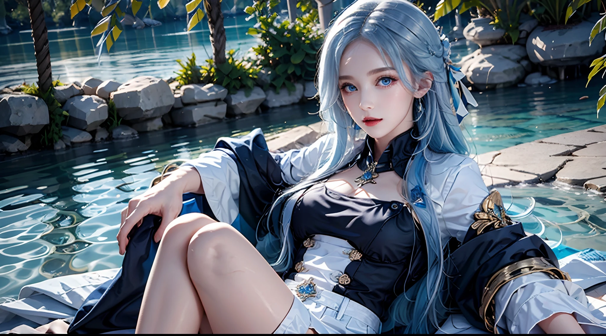 photography awards, masterpiece, blue hair, blue eyes, photorealistic, high resolution, soft light, brooch, waist bow, short shorts, blue suit, multicolored hair, white gloves, black gloves, white shirt, open clothes, water, underwater, ocean, single skirt hem, thigh strap,