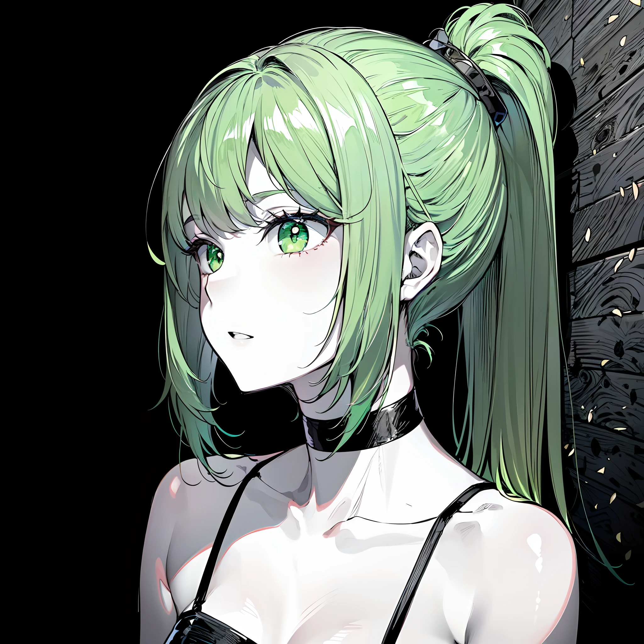 (masterpiece:1.2), (pale skin:1.2), (solo:1.2), (female:1.1), (emphasis lines:1.3), green eyes, green hair, ponytail, wall, cute, side bangs, face shot, looking at viewer