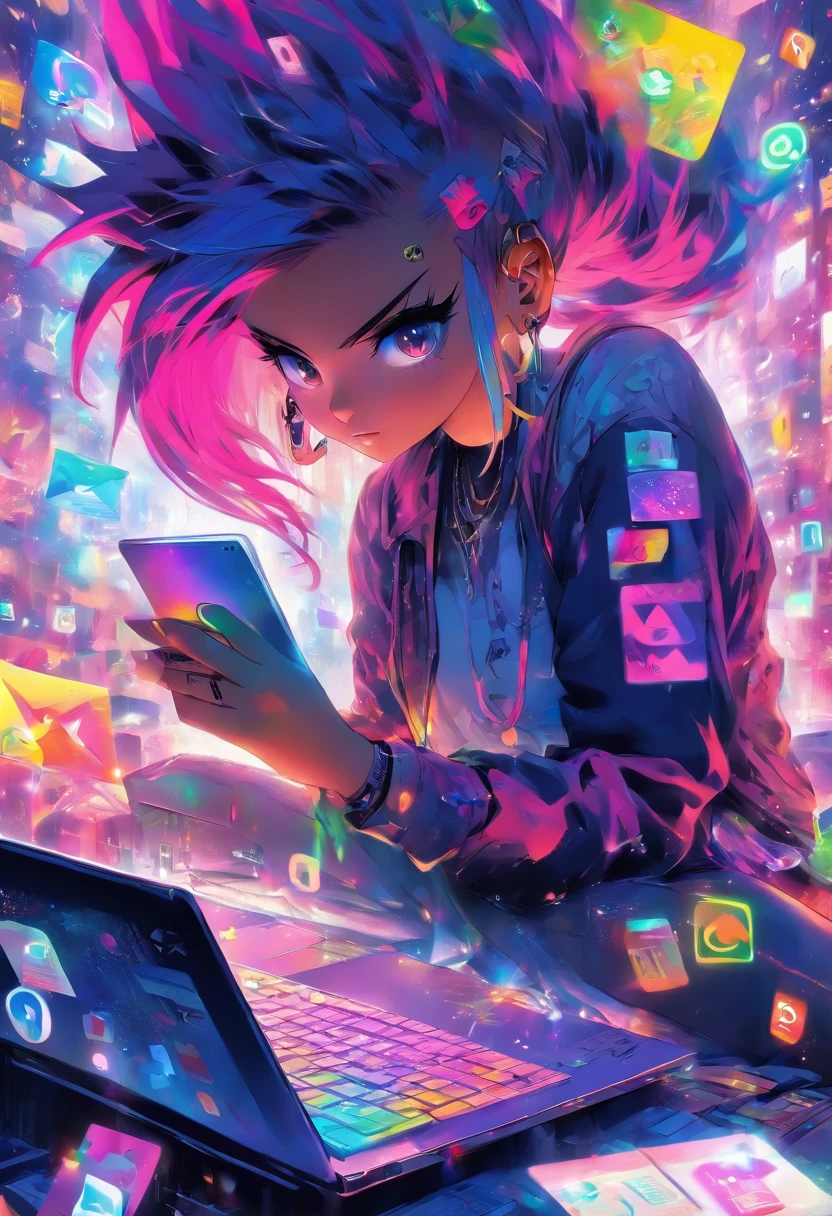 Anime girl with pink hair sitting on a table with a laptop - SeaArt AI