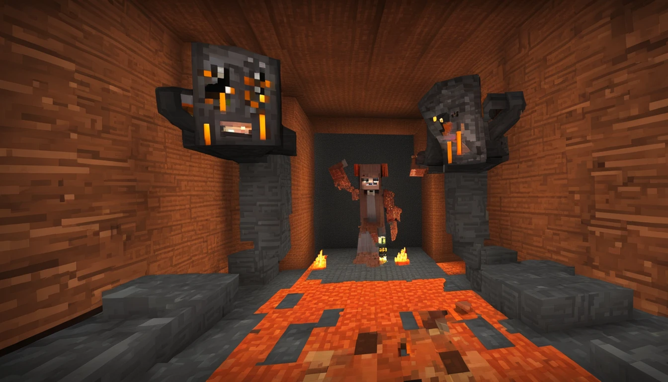 A picture taken from a minecraft video of a hallway with a door and a fire  - SeaArt AI