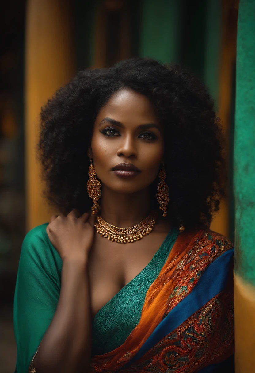 A woman with a green and orange sari posing for a photo - SeaArt AI