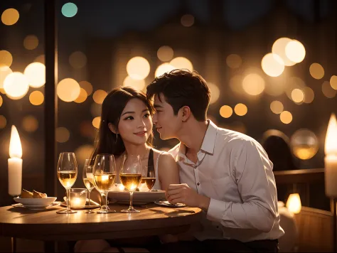 Illustrate a charming scene of a cute couple enjoying a delightful night out at an enchanting restaurant , 16k resolution, UHD, ((background blur:1.6)) , bokeh, ISO:200,