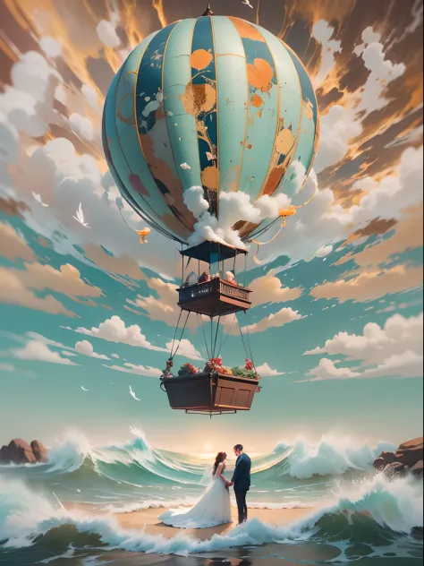 3d rendering of (the hot air balloon caught fire，fly over the sea), the bride and groom kiss on a hot air balloon, azure sea, wh...