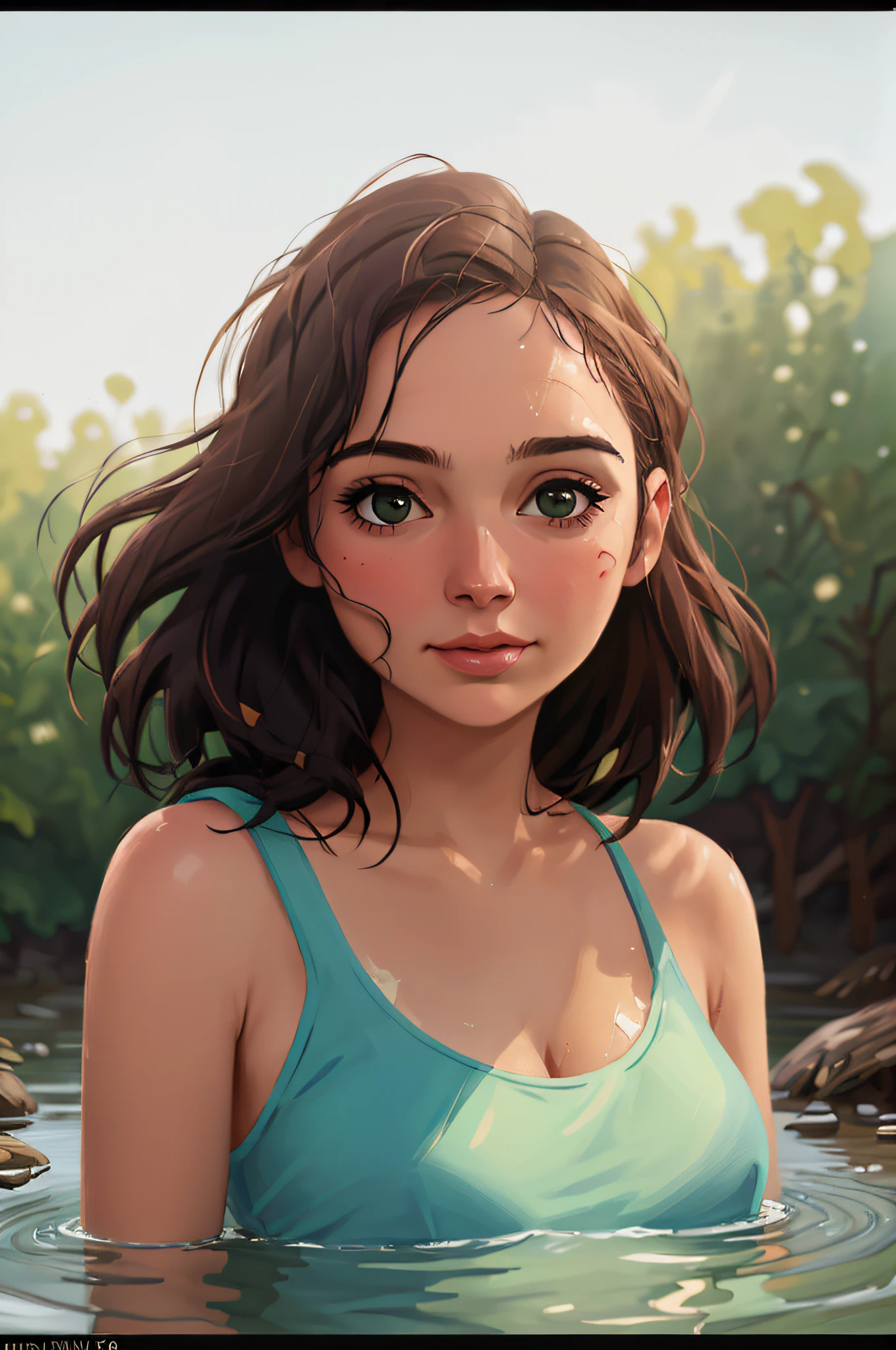 close up portrait of a cute woman (gldot) bathing in a river, reeds, (backlighting), realistic, masterpiece, highest quality, lens flare, shade, bloom, [[chromatic aberration]], by Jeremy Lipking, by Antonio J. Manzanedo, digital painting,