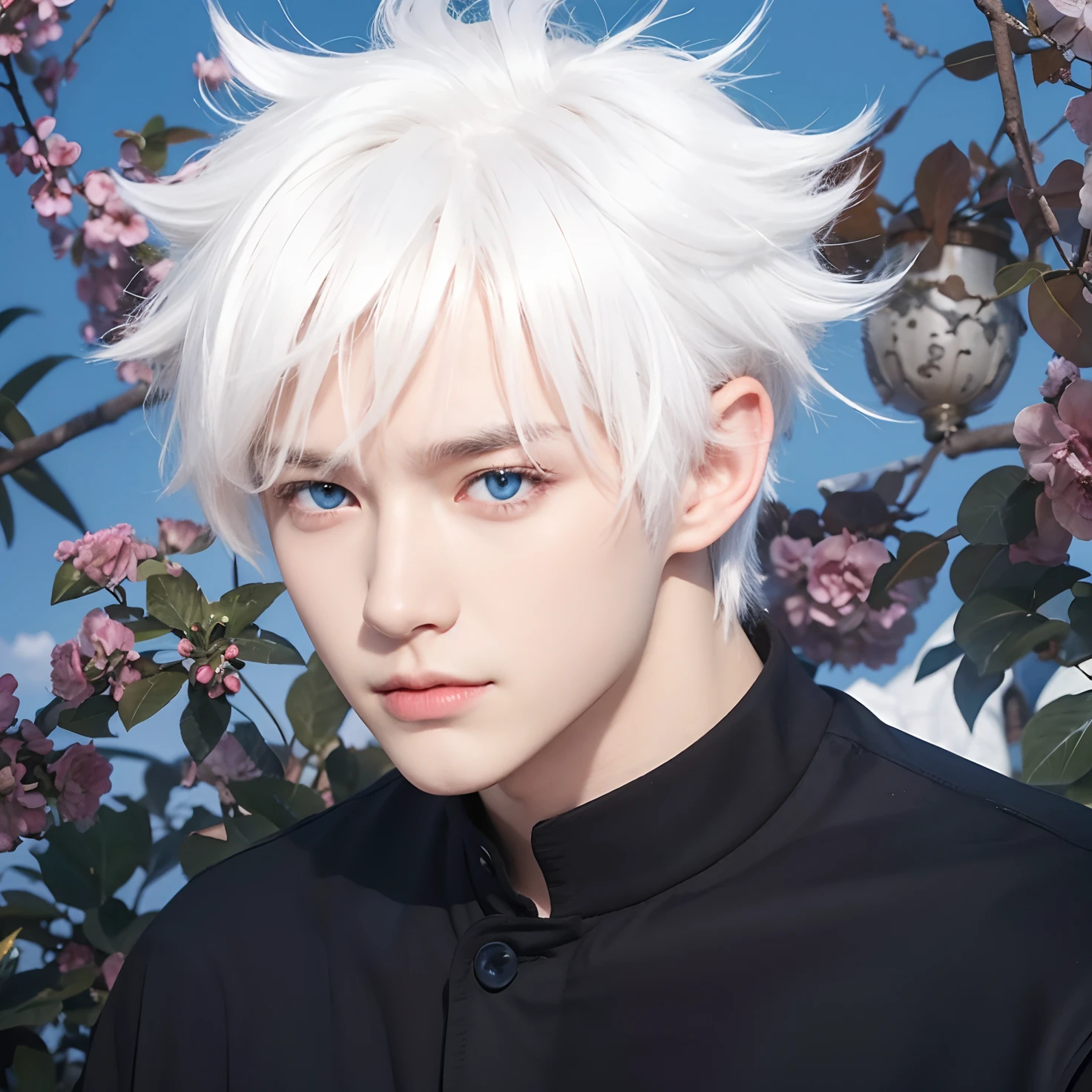Um menino com cabelos brancos realistas, olhos azuis brilhantes realistas, rosto bonito coreano realista, expressão legal realista, adapta exatamente as mesmas roupas,Adapte o fundo exatamente, luz realista, sombras realistas